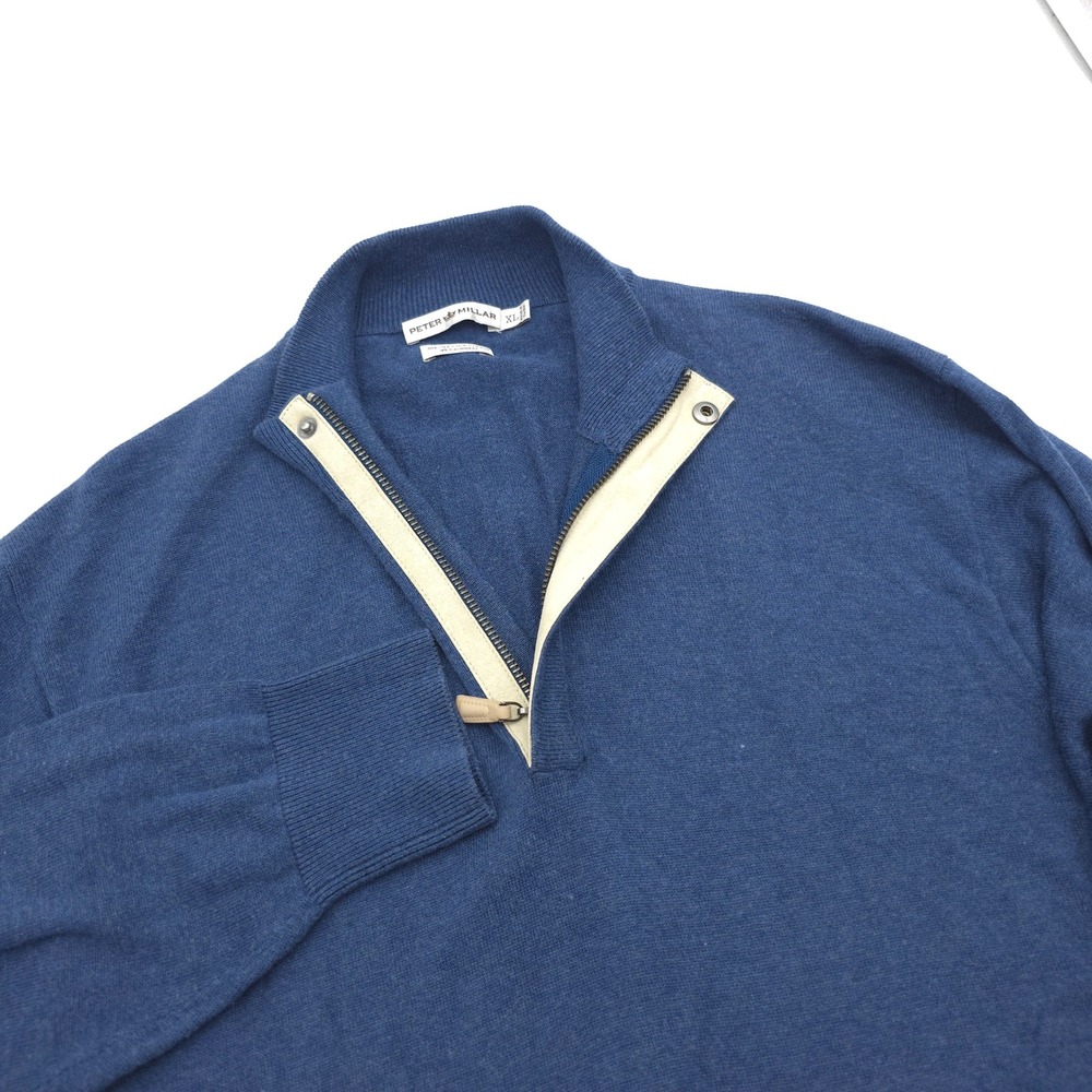 Peter Millar Mens XL Blue Silk Cotton Cashmere 1/4 Zip Pullover Sweater Luxury